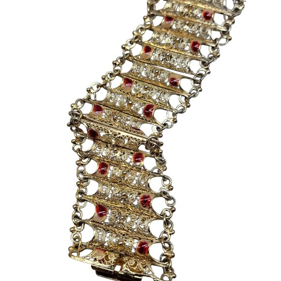 Electroplated Gold on 800 Silver Filigree Panel Bracelet Red White Accents 7.25" - Picture 8 of 15